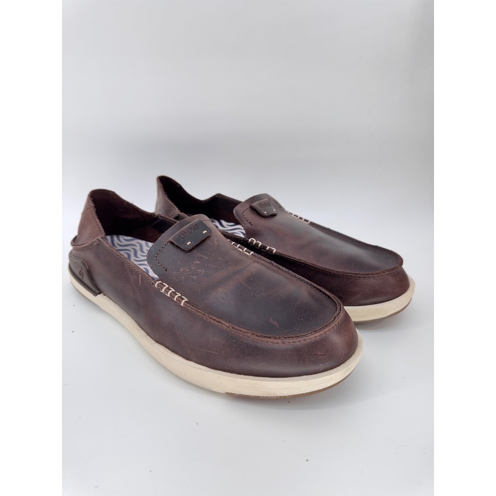OluKai Kakaha Mens 10.5 Brown Leather Slip On Loafers Comfort Casual‎ Shoes
